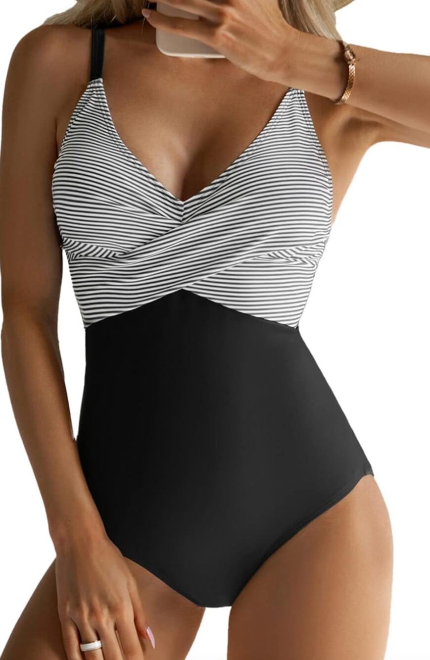 Black White Striped One Piece Slimming Swimsuit New